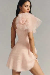 MAEVE Anthropologie Textured Tulle Flower One Shoulder Pleated Peach Size 2 - Picture 1 of 18