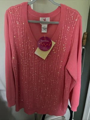 NWT Quacker Factory Sequin Trim V-neck Sweater Size 1X Pink Long Sleeve - Image 1 of 3