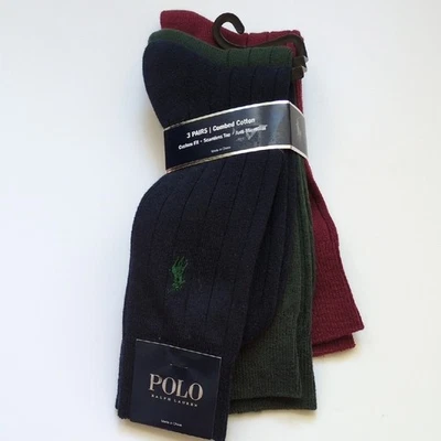 3 Pair Men's Polo Ralph Lauren Cotton Dress Socks - Blue, Red Green - Horse Logo - Image 1 of 4