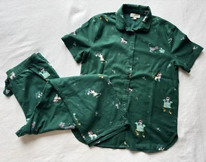 Sz S LOFT Cat Print Green Christmas Pajamas Long Pants Short Sleeve Cotton Set - Picture 1 of 17
