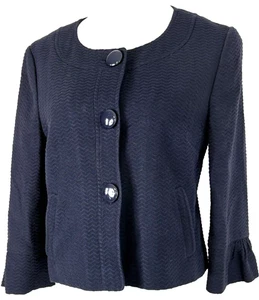 Ann Taylor Loft Womans Size 10 Blazer Blue Cropped 3/4 Sleeve Textured Classic - Picture 1 of 12