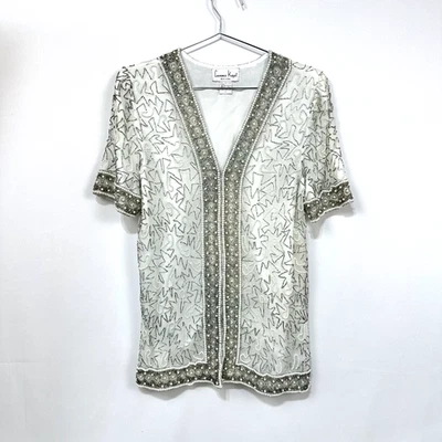 Blazer corto nupcial Laurence Kazar blanco perla plata seda cuentas talla pequeña Foto 1 de 4