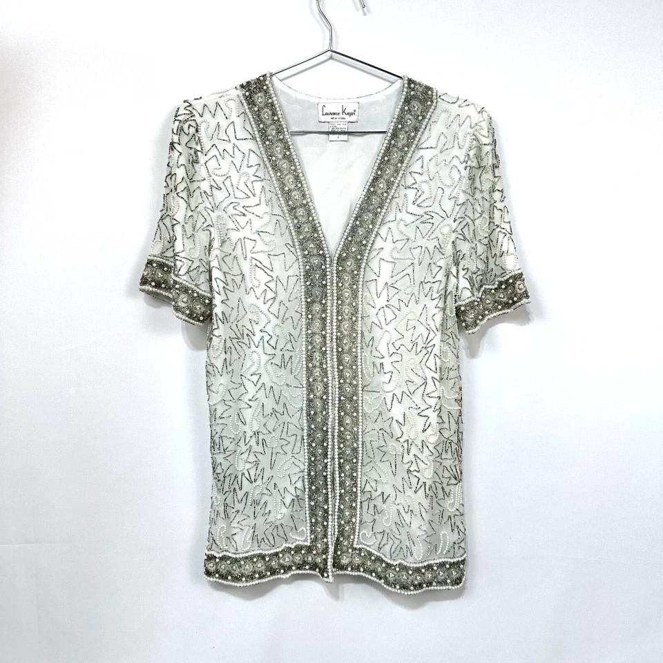 Blazer corto nupcial Laurence Kazar blanco perla plata seda cuentas talla pequeña Foto 1 de 4