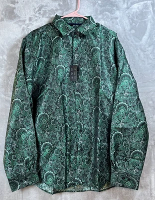 Barry Wang Shirt Men's XXL Green Silk Blend Jacquard Paisley Print Wedding Party - Image 1 of 4