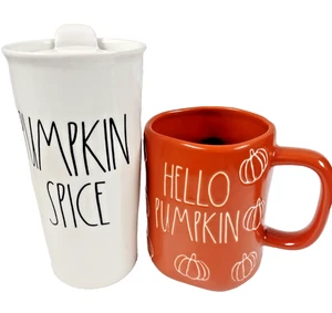 Pair of Rae Dunn Artisan Collection Fall Pumpkin Ceramic Tumbler With Lid + Mug - Picture 1 of 5