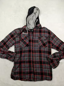Gioberti Mens M Gray Red Black Flannel Shirt Tartan Plaid Hooded Cotton Collar - Picture 1 of 10