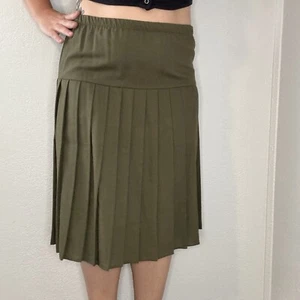 Vintage 80s Midi Skirt Womens 14P Y2K 90s Pleated Army Green Linen Made In USA - Picture 1 of 6