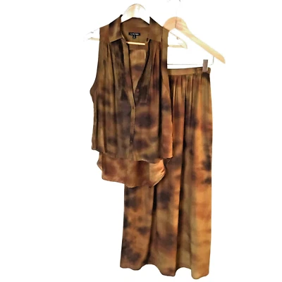 LA FEE VERTE Mujeres Seda Tie-Dye Conjunto Sin Mangas Top Pierna Ancha Falda Costera Boho S Foto 1 de 4