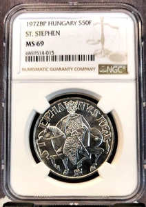 1972 HUNGARY SILVER 50 FORINT SAINT STEPHEN NGC MS 69 RARE TOP POP 1 - Picture 1 of 3