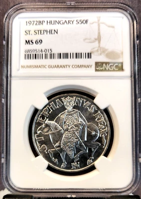 1972 HUNGARY SILVER 50 FORINT SAINT STEPHEN NGC MS 69 RARE TOP POP 1 - Image 1 of 3