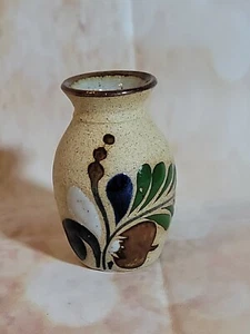 Mexican Vintage Pottery 3" small Vase Tonala Sand Hand Painted Floral Folk Art - Picture 1 of 8