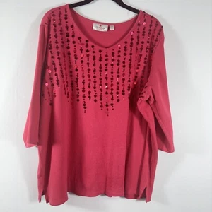 Quacker Factory Pink Sweater Ribbed Sequin 3/4 Sleeve Top Women Size 1X - Picture 1 of 12
