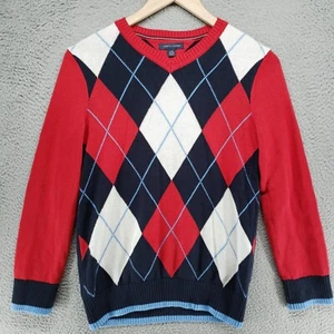 Tommy Hilfiger Boys Youth Argyle Blue Pullover Sweater V-Neck Size 12-14 - Picture 1 of 14