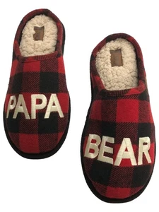 Dearfoams Mens Red Buffalo Plaid Papa Bear Slippers Scuffs House Shoes S(7-8) - Picture 1 of 2