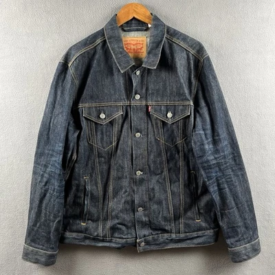 Chaqueta Levis Denim Para Hombres XL Azul Oscuro Lavado Tareas Abrigo Camionero Jean Rojo Pestaña Y2K Foto 1 de 4