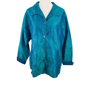 Anu Women's XL 100% Silk Button Up Shirt Jacket Shimmery Teal Long Sleeve Blouse - Picture 1 of 12
