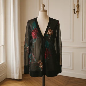 Chico's Cardigan Size Medium (1) Mesh Sheer Floral Print Black Women's Topper - Picture 1 of 9