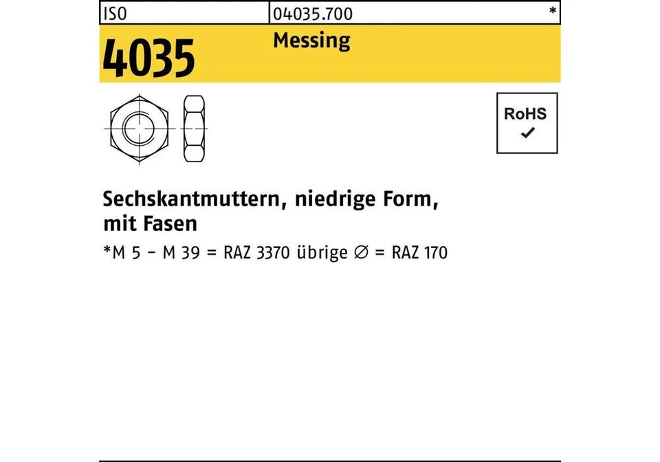 Reyher Sechskantmutter ISO 4035 niedrig m.Fasen M 10 Messing - Bild 1 von 1