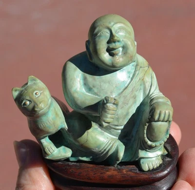 1900's Chinese Turquoise Carved Carving Louhan Buddha Monk Lion Figurine Figure - Image 1 of 4