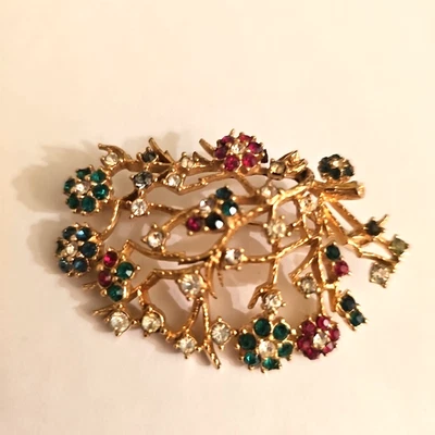 Broche prendedor vintage firmado por CINER con flores color piedras preciosas múltiples Foto 1 de 4