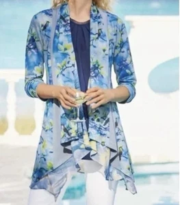 Soft Surroundings Cardigan Tea Garden Topper Koi Birds Art to Wear Duster Small - Picture 1 of 14