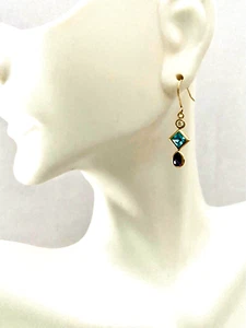 14K Yellow Gold Multi-Gemstone Dangle Earrings 1.3g Blue Topaz Amethyst Estate - Picture 1 of 11