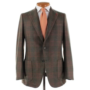 Isaia NWT 100% Cashmere Sport Coat Size 50R (40R US) In Green w/ Orange Plaid - Picture 1 of 13
