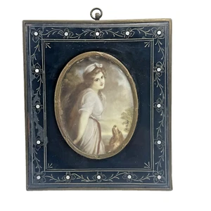 Antique Miniature Portrait Painting Lady Hamilton w/ Dog Black Enamel MOP Frame - Picture 1 of 20