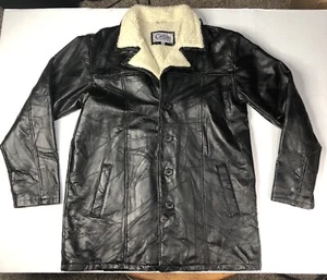 Cellini 100% Leather Jacket XL Black Sherpa Collar Gangster Style Mid-Length VTG - Picture 1 of 17