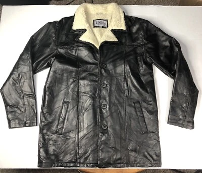 Chaqueta Cellini 100% Cuero XL Negra Cuello Sherpa Estilo Gángster Largo Medio De Colección Foto 1 de 4