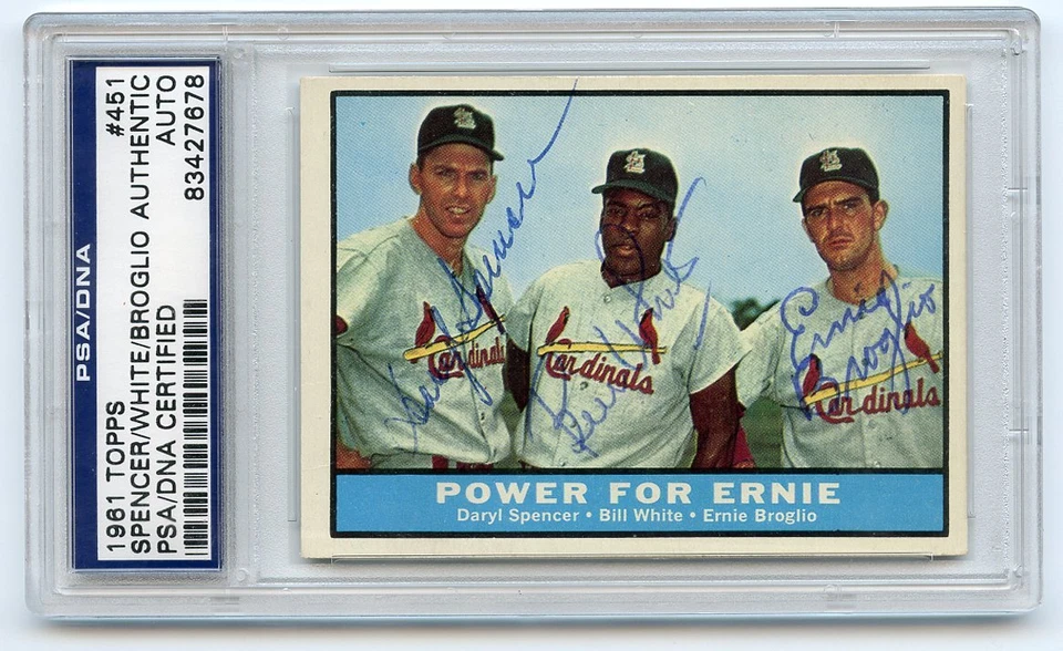 Triple Signed 1961 Topps #451 Power For Ernie BROGLIO BILL WHITE SPENCER PSA/DNA - Image 1 of 1