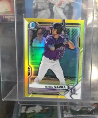 2021 Bowman Prospects Chrome TERRIN VAVRA /75 YELLOW REFRACTOR BCP-100 Rockies - Image 1 of 4