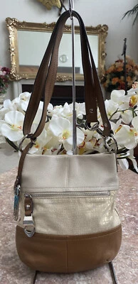 B. Makowsky Color-block Brown Gold Cream Leather Crossbody Bag EUC, $129 - Image 1 of 4