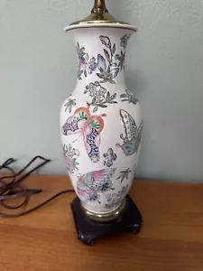 Vintage Hand Painted Floral Butterfly Lamp Wood Base Chinese Pastel Colors Gold - Picture 1 of 14