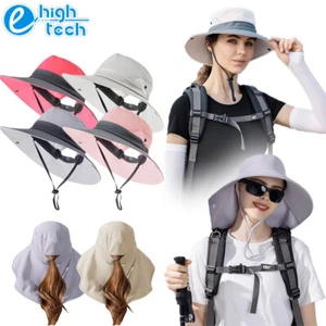 Women Ponytail Sun Hat Summer Boonie Wide Brim Neck Flap Travel Cap UV Protector - Picture 1 of 16