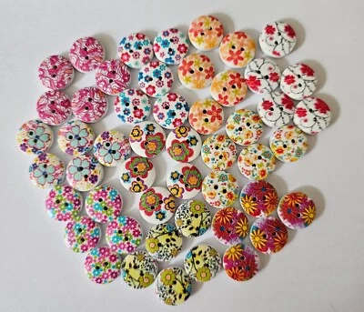50 Flower Pattern Buttons, 10 Designs with 5 of Each Design Wooden Size 15mm - Image 1 of 3