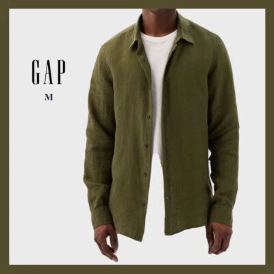 NUEVO CON ETIQUETAS - GAP Camisa de lino de ajuste clásico de manga larga para hombre, chaqueta militar verde talla M $69 Foto 1 de 4
