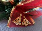 Christmas Tree Earrings Gold Tone with Multicolored Rhinestones