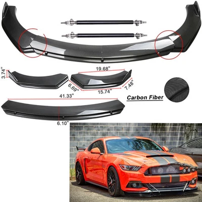 🔥For Ford Mustang/ Front Bumper Lip Splitter Spoiler Carbon Fiber+Strut Rods US - Image 1 of 4