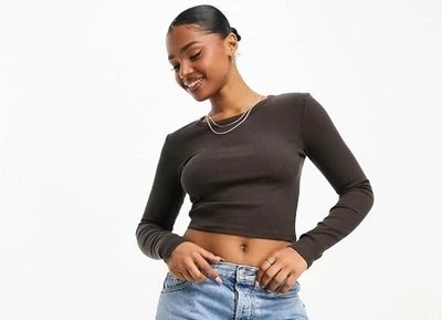 Pull & Bear 长袖基本巧克力棕色作物 T 恤上衣 M 码弹力 — 第 1/4 张图片