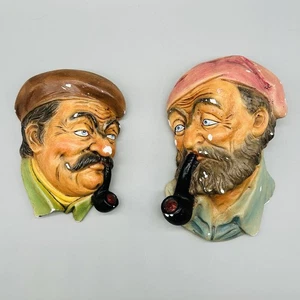 Vintage Paar Kreidegeschirr Köpfe Fischer mit Pfeifen Maritim Wanddeko - Bild 1 von 10