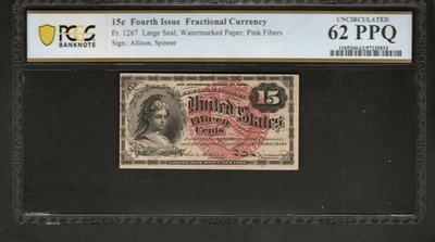 FR1267 15c 4th issue US FRACTIONAL CURRENCY  Graded PCGS 62 PPQ Unc - AH7 - Image 1 of 2