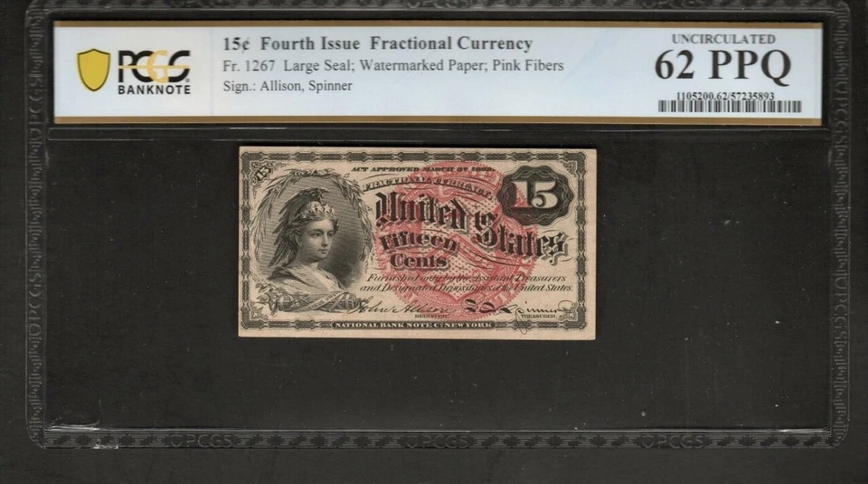 FR1267 15c 4th issue US FRACTIONAL CURRENCY  Graded PCGS 62 PPQ Unc - AH7 - Image 1 of 2