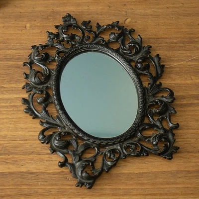 Vtg Wilton Cast Iron Wall Mirror Ornate Gothic Victorian Black 13" Tall - Image 1 of 4