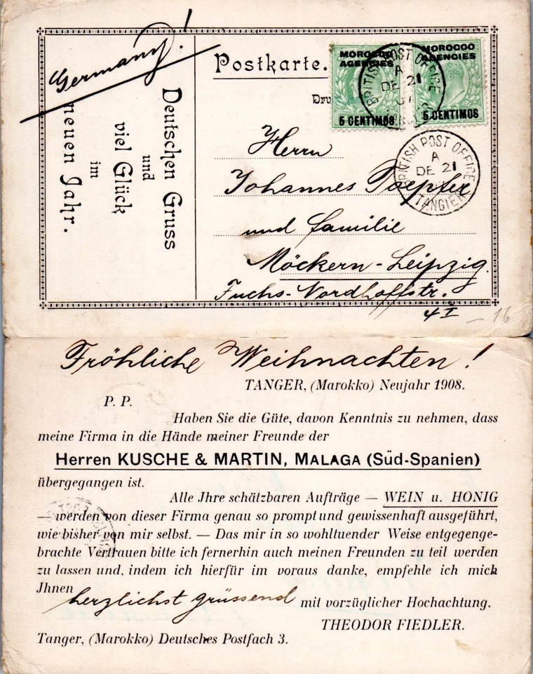AGENZIE MAROCCO 5 CENTIMOS OVPT CARTOLINA POSTALE 1908 a GERMANIA (A14/73) - Immagine 1 di 1