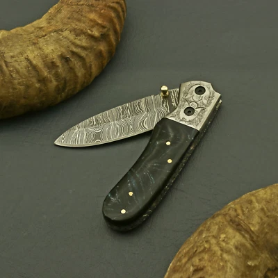 CUSTOM HAND MADE DAMASCUS BLADE FOLDING POCKET KNIFE IINER LOCKWith Sheath - Image 1 of 4