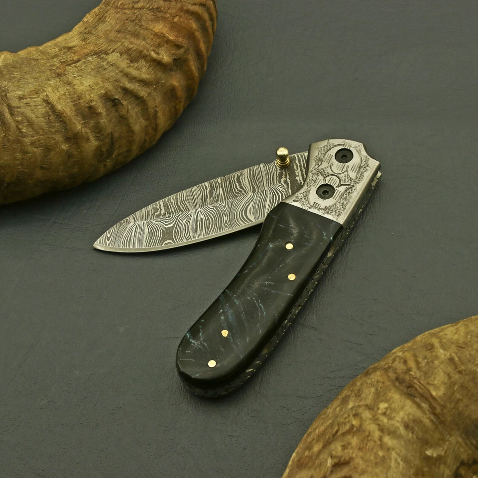 CUSTOM HAND MADE DAMASCUS BLADE FOLDING POCKET KNIFE IINER LOCKWith Sheath - Image 1 of 4