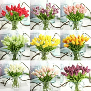 10-40pcs Artificial Fake Flower Real Touch Tulips Bouquet Home Bridal Wedding - Picture 1 of 26