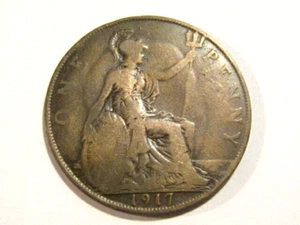 Great Britain 1917 1 Penny Old Coin - Picture 1 of 5