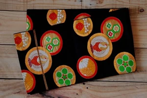 Japanese Silk Obi For Kimono Fukuro Belt Silk Brocade Black Roundels - Picture 1 of 5